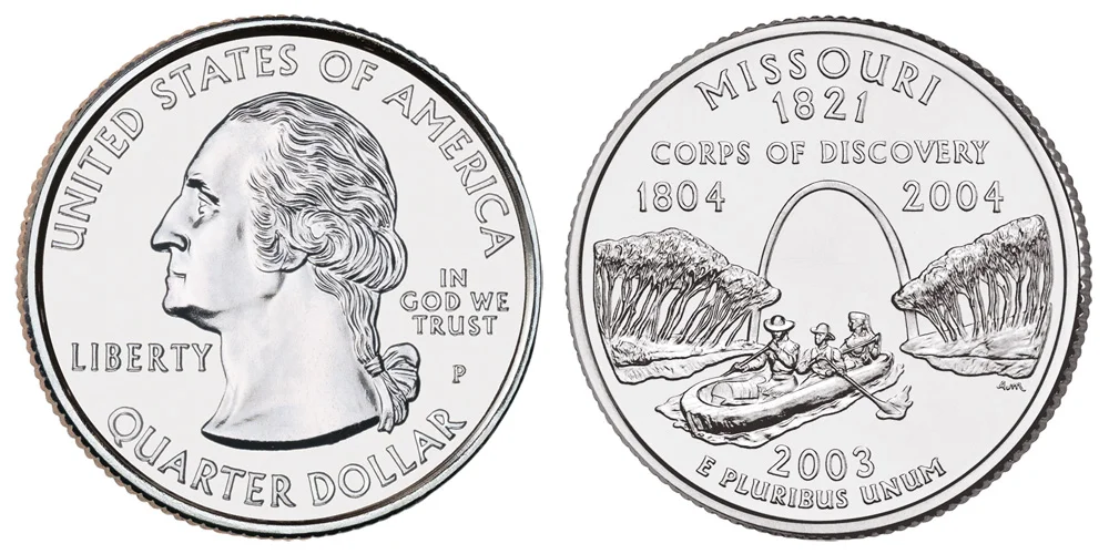 Side-by-side comparison: common circulated 2003-P Missouri quarter versus gem MS68 uncirculated example