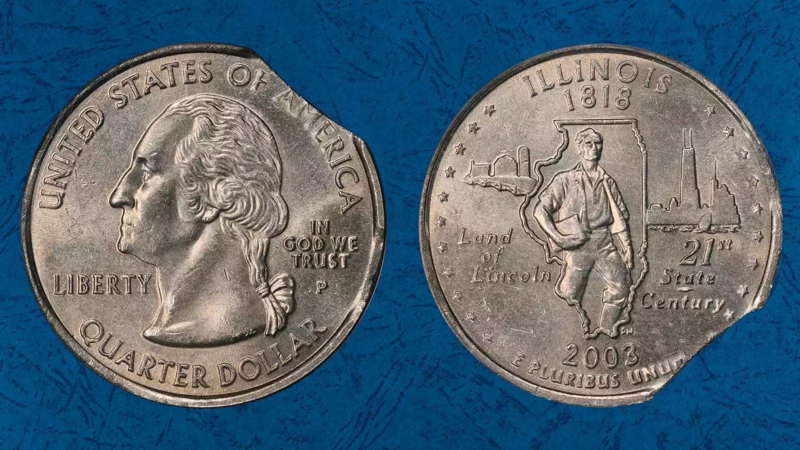 2003-P Illinois quarter struck on Jefferson nickel planchet — wrong planchet error showing smaller diameter