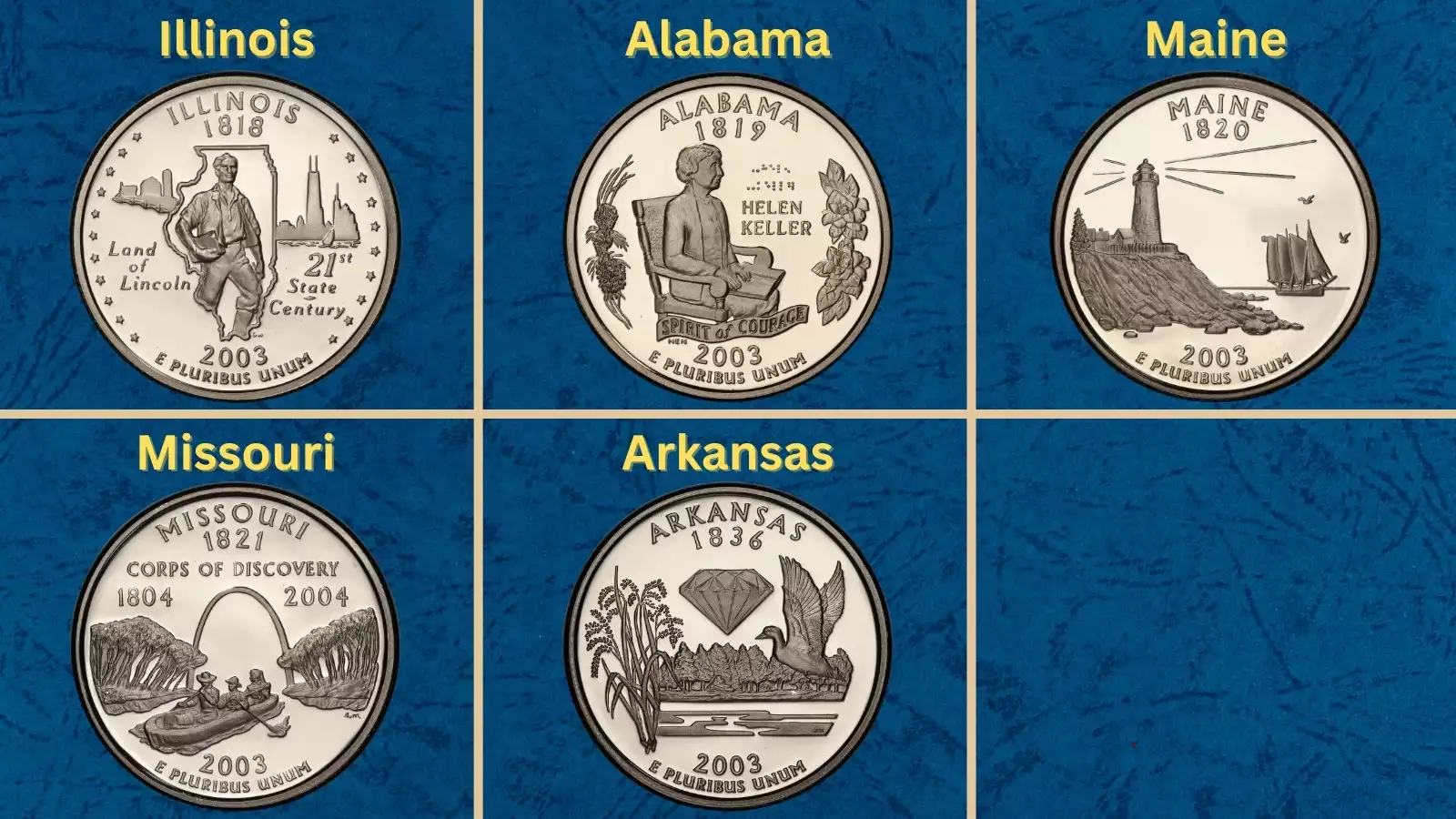 Group shot of all five 2003 State Quarter designs showing Illinois, Alabama, Maine, Missouri, and Arkansas reverses