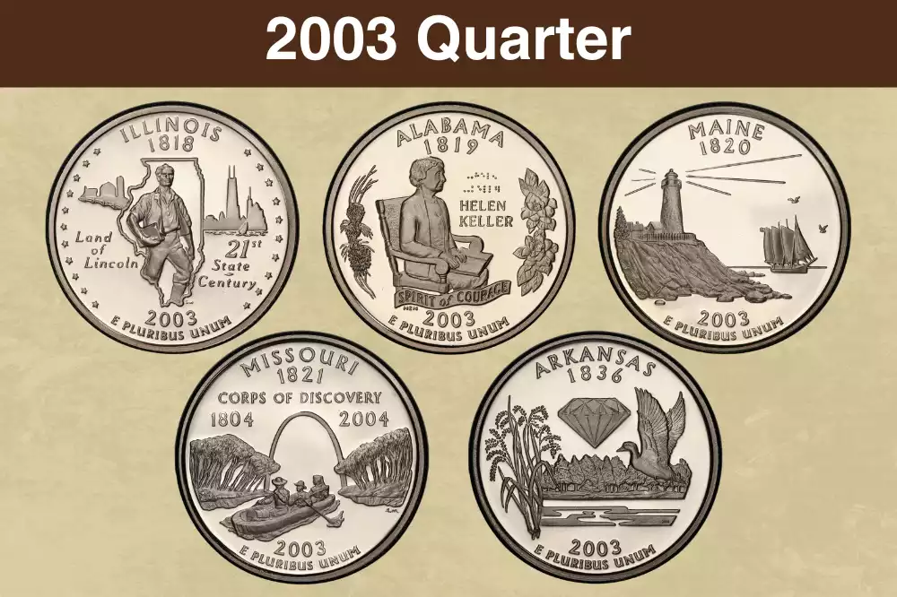 Grading strip showing 2003 State Quarter across four condition tiers from worn to gem uncirculated